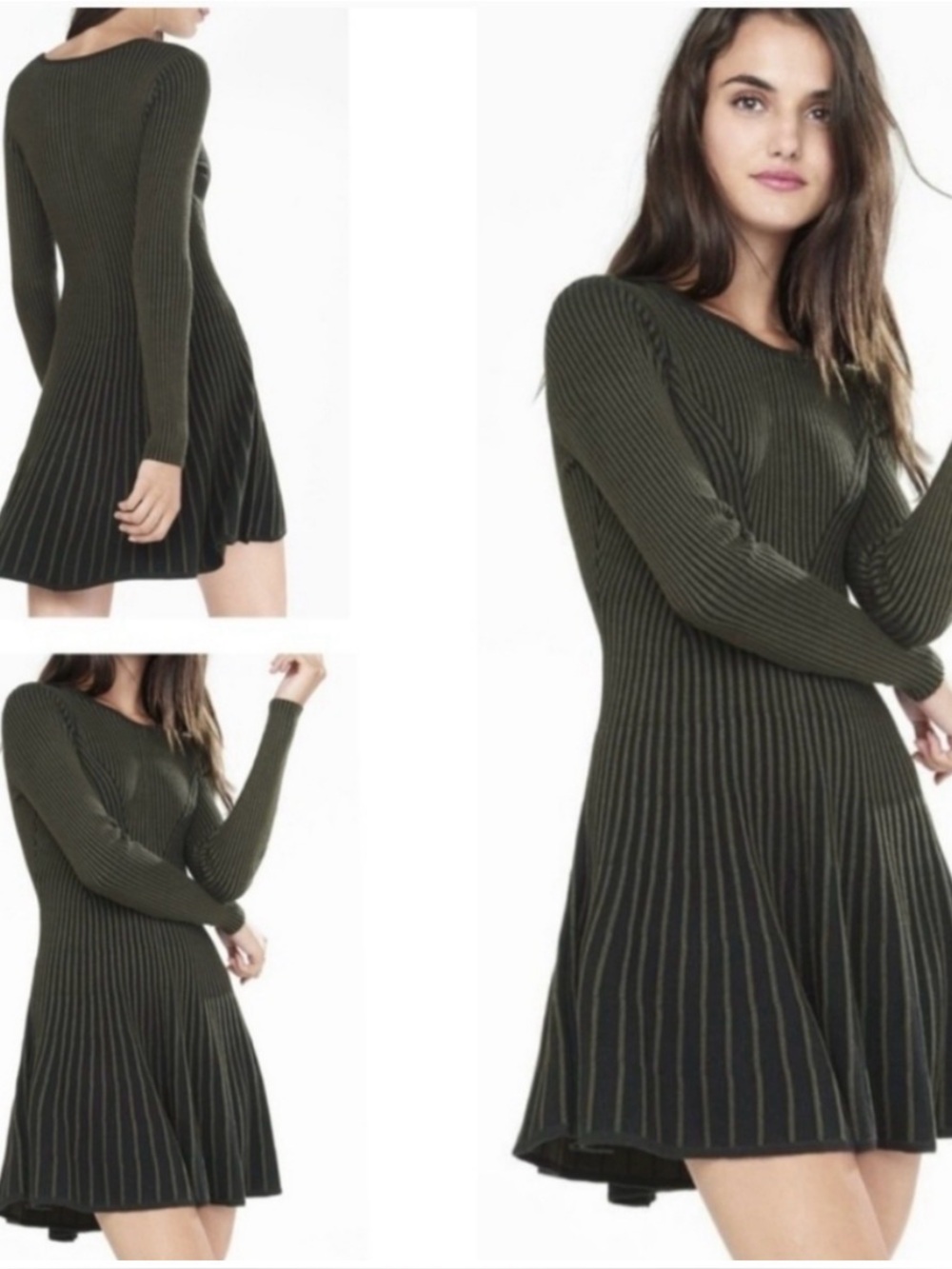 Express Black Ribbed Fit-and-Flare Long Sleeve Dress